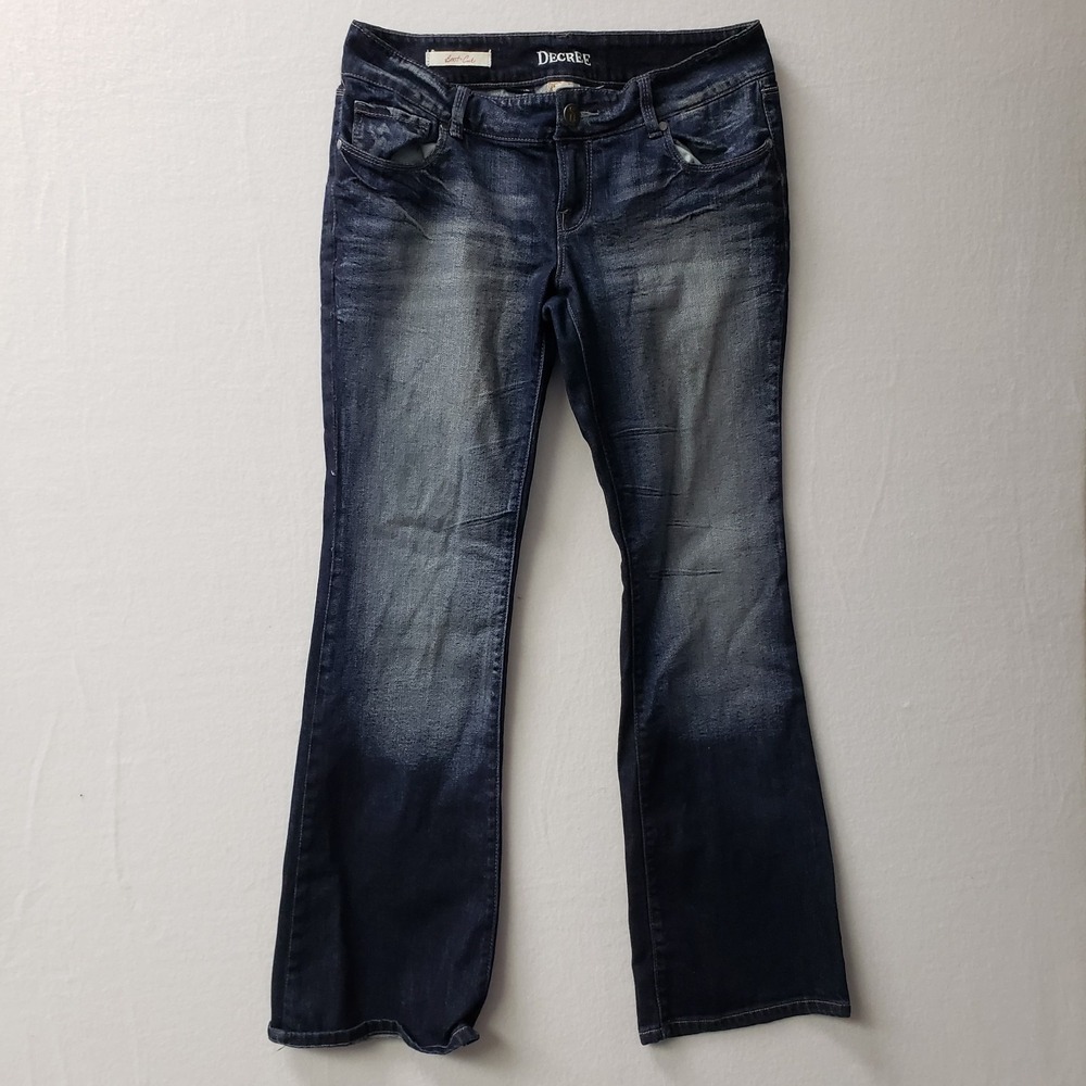 Decree Jeans Womens 11 Junior Dark Wash Boot Cut Stretch Button Pockets Distress